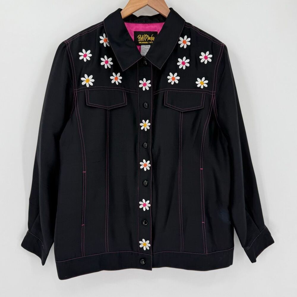 Vintage Bob Mackie Wearable Art Silk Daisy Embroidered Jacket Black Pink Large